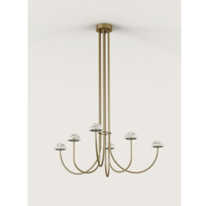 Lámpara techo diseño vintage Art Decó 6 brazos oro envejecido y mármol blanco