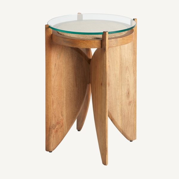 Mesa auxiliar de diseño colonial vintage madera de mango natural ratán y vidrio2
