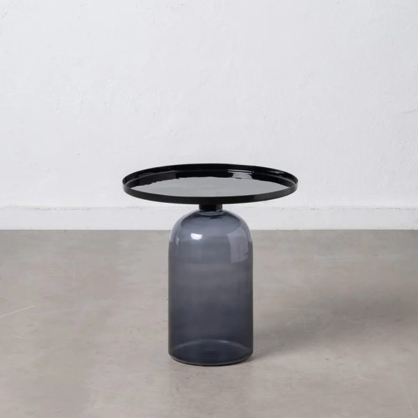 Mesa auxiliar diseño vintage fabricación artesanal vidrio soplado color gris y metal negro