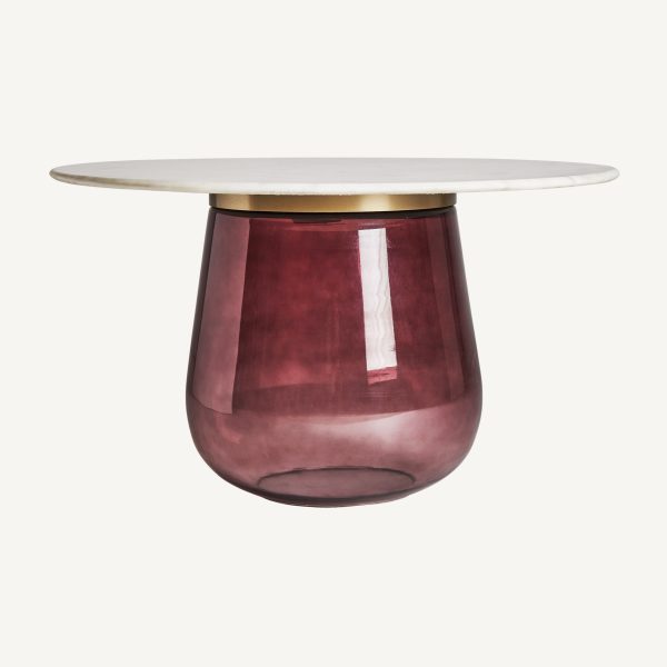 Mesa auxiliar redonda diseño art decó cristal rosa hierro dorado y mármol blanco