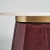 Mesa auxiliar redonda diseño art decó cristal rosa hierro dorado y mármol blanco4
