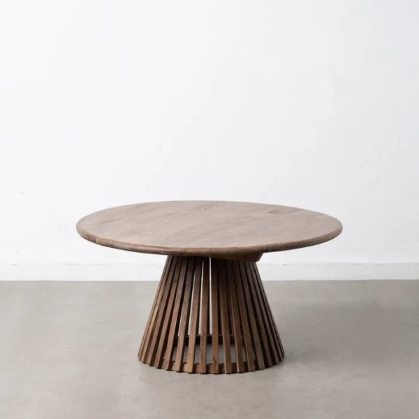 Mesa centro redonda diseño rústico vintage madera oscuro pata listones (1)