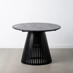 Mesa comedor redonda diseño vintage madera negro pata central listones (1)