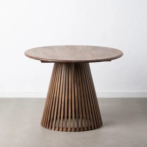 Mesa comedor redonda diseño vintage madera oscuro pata central listones (1)
