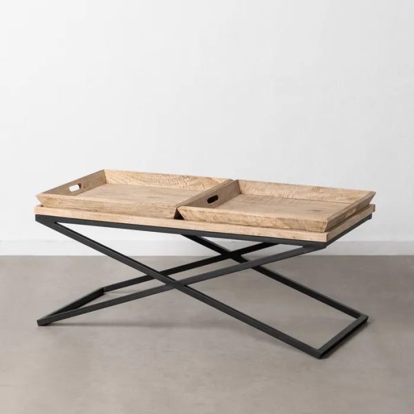 Mesa de centro diseño rústico industrial madera con bandejas patas hierro (1)