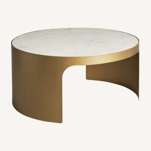 Mesa de centro redonda de diseño Art Decó hierro dorado y cristal blanco2