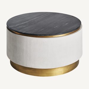 Mesa de centro redonda de diseño art decó hierro dorado chapa de madera blanco y mármol negro2