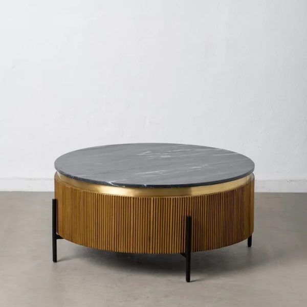 Mesa de centro redonda diseño vintage Art Decó madera, hierro y mármol (1)