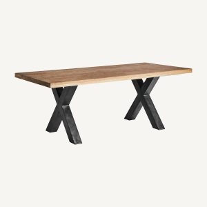 Mesa de comedor diseño industrial patas cruzadas hierro color negro y madera de mango acabado natural2