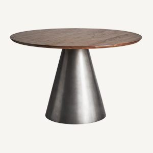 Mesa de comedor redonda de diseño rústico art decó madera natural y hierro color plata2