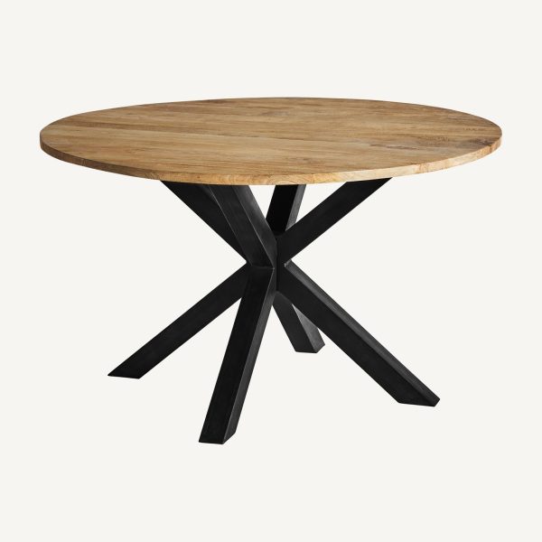 Mesa de comedor redonda de diseño rústico industrial madera de mango natural y hierro color negro2