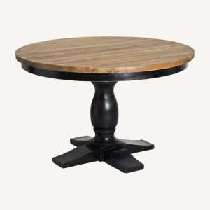 Mesa de comedor redonda de diseño rustico provenzal madera de olmo acbado natural y negro2