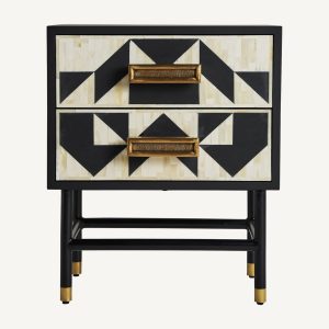 Mesita de noche de diseño art decó hierro negro y dorado y hueso