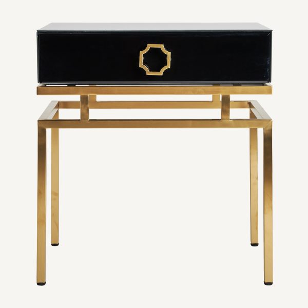 Mesita de noche o auxiliar un cajón diseño art decó acero oro mate y cristal negro