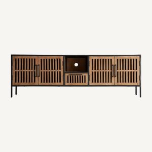 Mueble de televisión de diseño industrial oriental madera de mango natural y hierro color negro