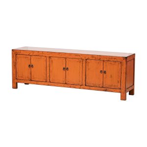 Mueble televisión diseño rústico oriental madera naranja con desgastes (1)