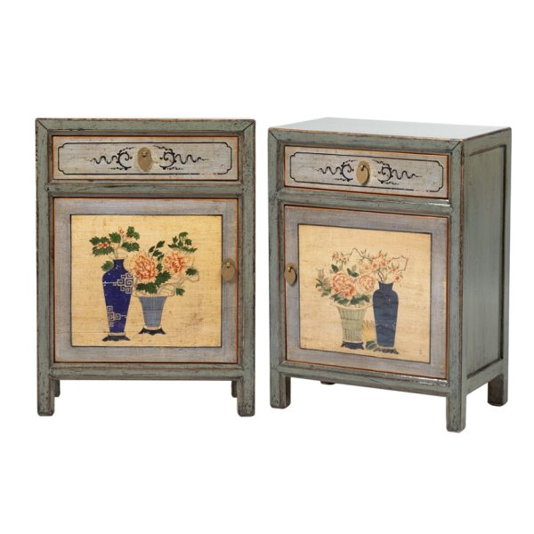 Pareja mesitas de noche diseño oriental madera gris con desgastes y dibujos flores (1)