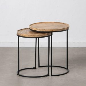 Set 2 mesas auxiliares redondas diseño vintage industrial madera de mango acabado natural y hierro color negro