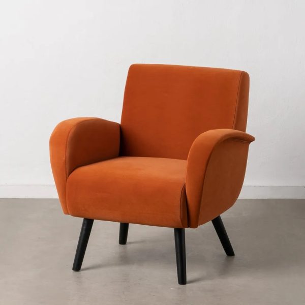 Sillón con reposabrazos diseño vintage tapizado terciopelo color naranja patas de madera de abedul