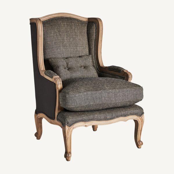 Sillón de diseño clásico madera de mango acabado natural tapizado color gris con cojín