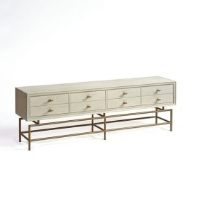 VITE-R1 Mueble de televisión diseño vintage Art Decó 180 madera blanco grisáceo y metal dorado envejecido 1