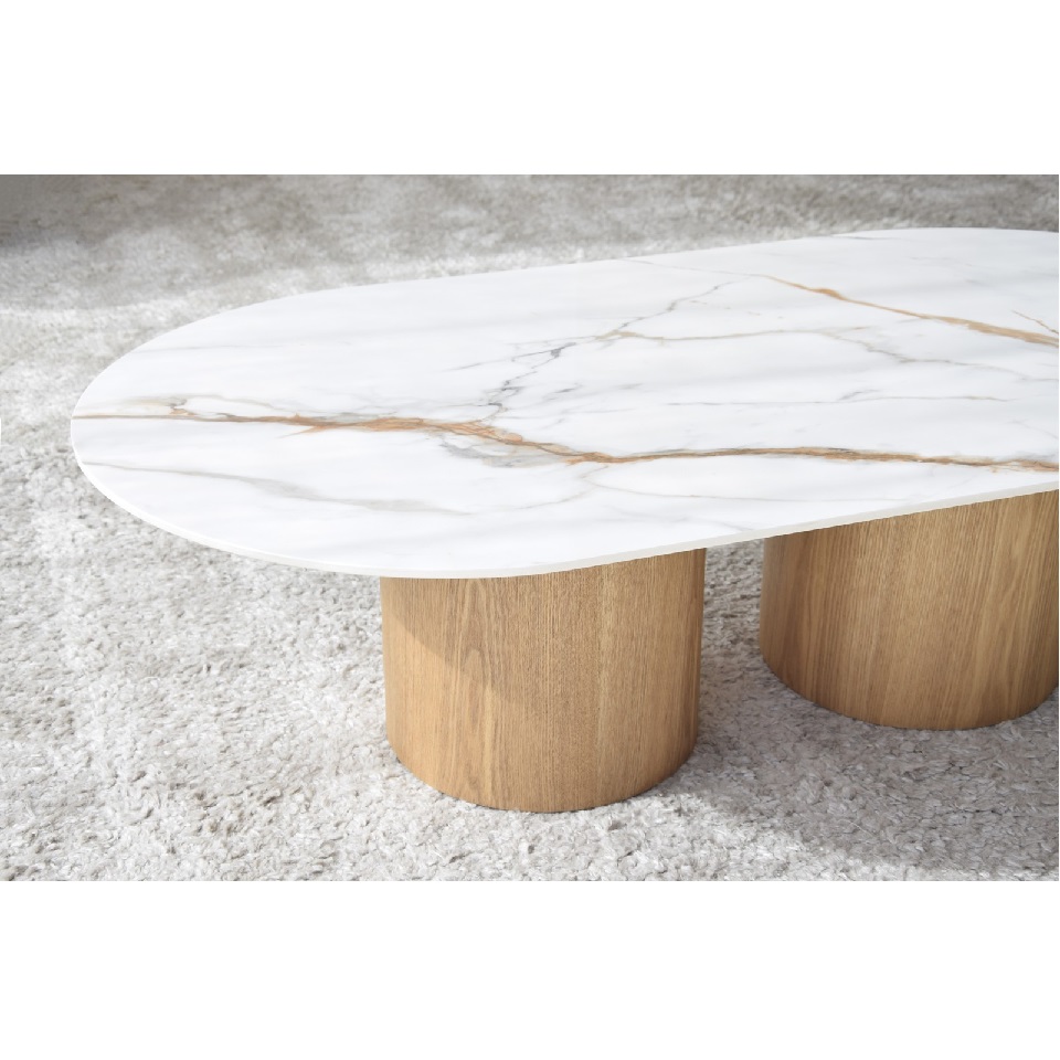 34AC20821 Mesa de centro redonda de diseño moderno 93 mármol blanco y  madera maciza