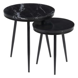 Juego 2 mesas auxiliares redondas diseño vintage metal y mármol color negro