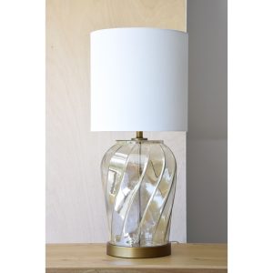 Lámpara de sobremesa de diseño moderno vidrio ámbar metal oro envejecido pantalla cilíndrica lino blanco2