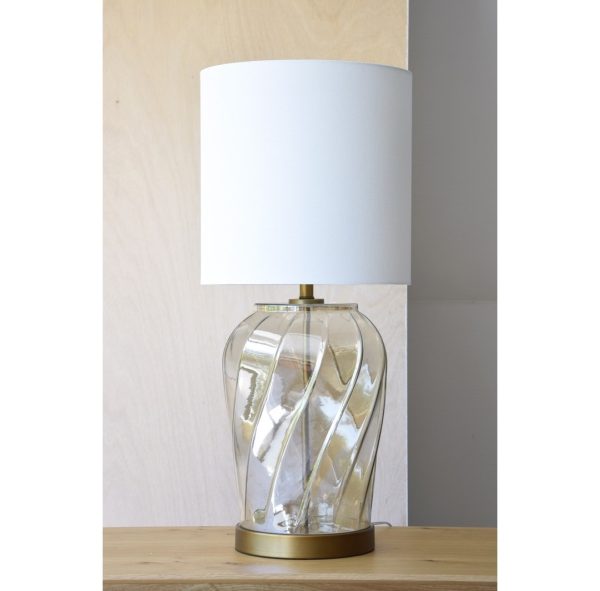 Lámpara de sobremesa de diseño moderno vidrio ámbar metal oro envejecido pantalla cilíndrica lino blanco2