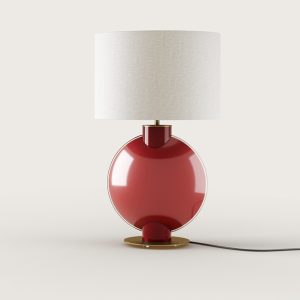 Lámpara de sobremesa diseño vintage metal dorado y vidrio color rojo
