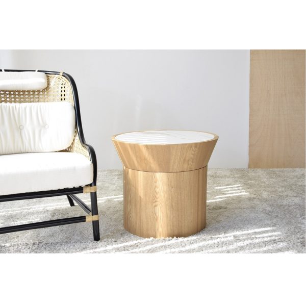 Mesa auxiliar redonda de diseño cilíndrico vuintage chapa de madera fresno natural cerámico acabado mármol blanco gris y ocre2