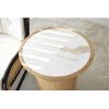 Mesa auxiliar redonda de diseño cilíndrico vuintage chapa de madera fresno natural cerámico acabado mármol blanco gris y ocre3