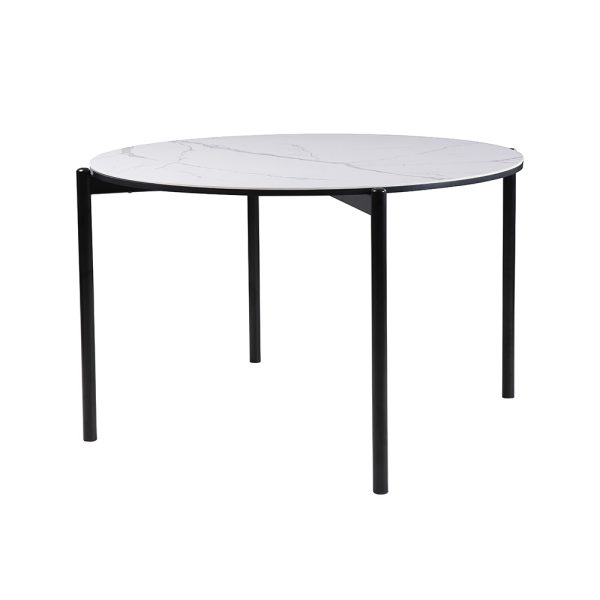 Mesa comedor redonda diseño moderno sobre imitación mármol blanco y patas acero negro