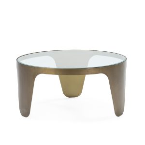 Mesa de centro redonda diseño moderno metal dorado y sobre cristal (1)