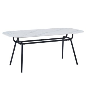 Mesa de comedor diseño moderno tablero imitación mármol blanco y patas acero negro