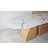 Mesa de comedor diseño moderno ovalada fresno acabado natural piedra sinterizada acabado mármol blanco, gris y ocre2
