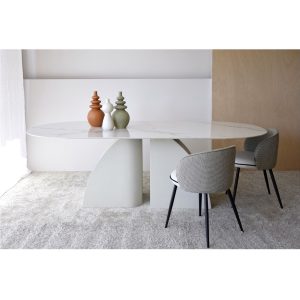 Mesa de comedor ovalada piedra sinterizada acabado marmol blanco y gris fresno teñido blanco