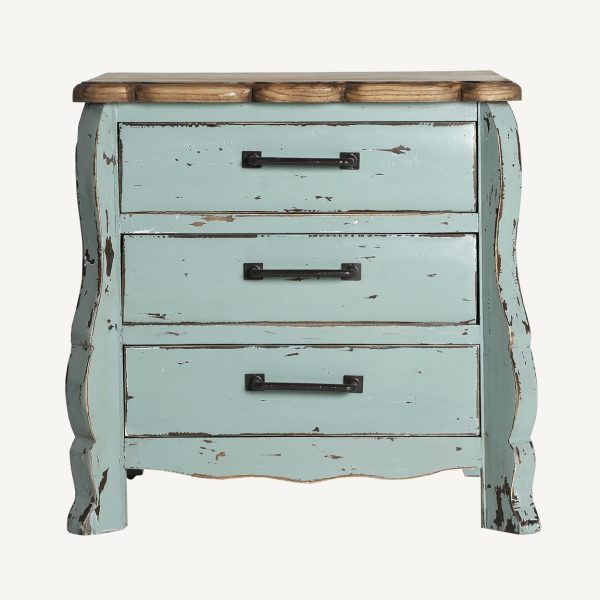 Mesita de noche de diseño clásico provenzal madera de olmo natural y azul con efecto envejecido tiradores metal