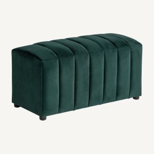 Pie de cama de diseño vintage tapizado terciopelo color verde con costuras verticales2