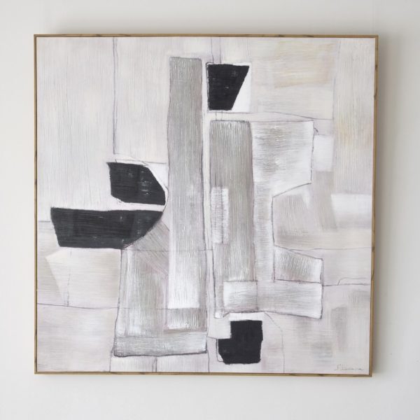 Pintura abstracta sobre lienzo tonos blanco gris y negro con marco color madera