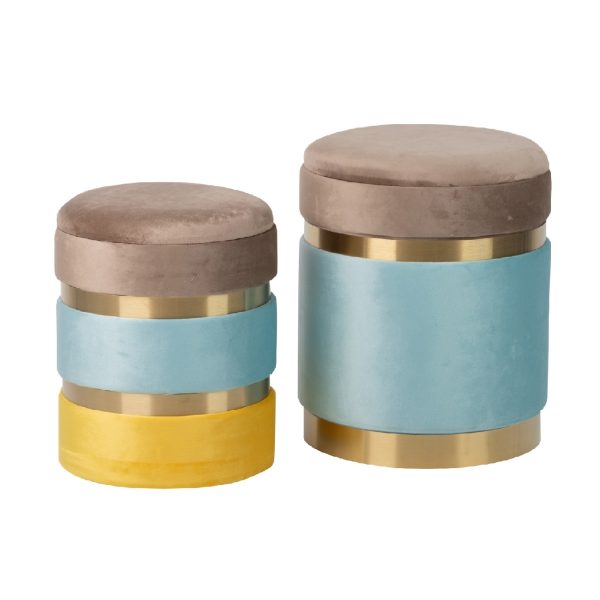 Set 2 puffs cilíndricos con almacenaje terciopelo colores y metal dorado (1)