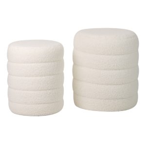 Set 2 puffs cilíndricos diseño moderno tapizados en bouclé color blanco (1)