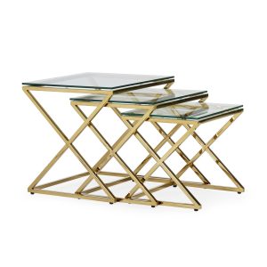 Set 3 mesas auxiliares de diseño art decó acero inoxidable dorado y cristal templado transparente