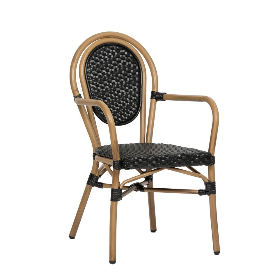 Silla con reposabrazos diseño vintage aluminio acabado bambu rattán tejido sintético color marrón y negro2