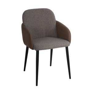 Silla diseño moderno acero negro y lino marrón con reposabrazos polipiel marrón
