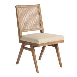 Silla diseño moderno vintage madera natural respaldo rejilla y asiento lino beige