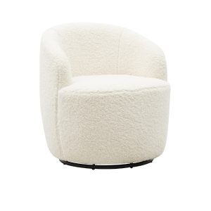 Sillón butaca diseño nórdico vintage base circular acero negro y tapizado tejido teddy blanco