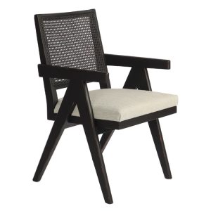 Sillón con reposabrazos diseño moderno madera negro asiento rejilla y tapizado lino gris