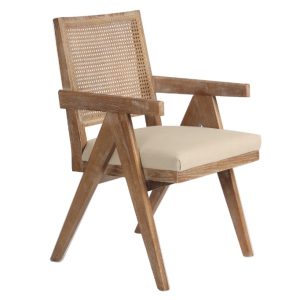 Sillón con reposabrazos diseño moderno vintage madera natural con rejilla y asiento lino beige