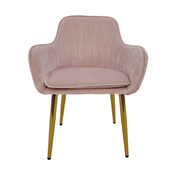 Sillón con reposabrazos diseño vintage Art Decó patas acero dorado y tapizado terciopelo rosa